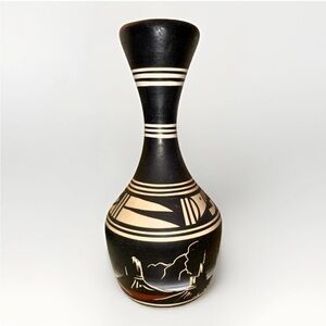 Signed J. Buwalley Navajo Pottery Vase – Black & Cream Southwestern Art